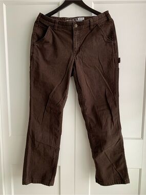 Carhartt Women’s Rugged flex loose fit Brown Canvas Work Pants size 10 Tall